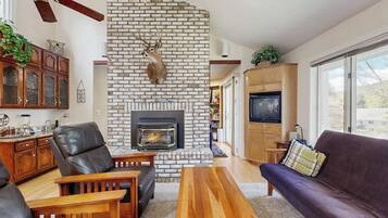 TV, fireplace, foosball, books