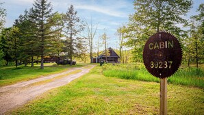 Una cabaña rústica con la leyenda 'CABIN 39237' en una zona boscosa, con un sendero de tierra que la conduce.