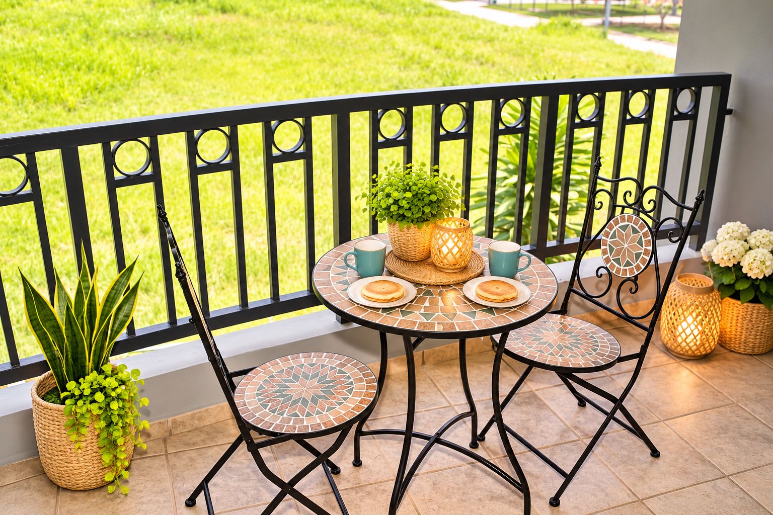 A balcony with a table set for two, featuring a woven basket, a candle, and a potted plant.