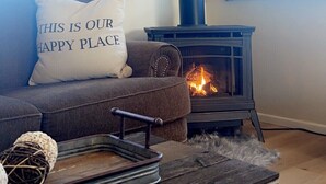 A cozy living room with a fireplace, a sofa, and a decorative pillow. - Lake View Casa (Fort Collins)