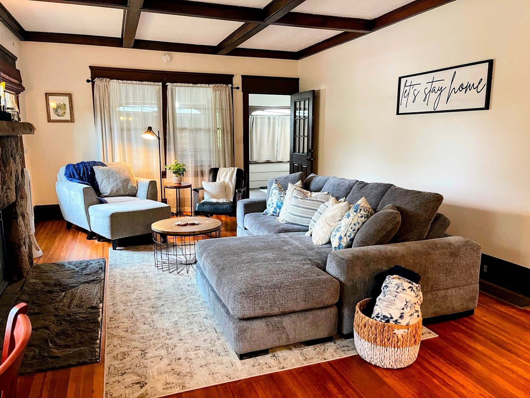 TV, fireplace, books