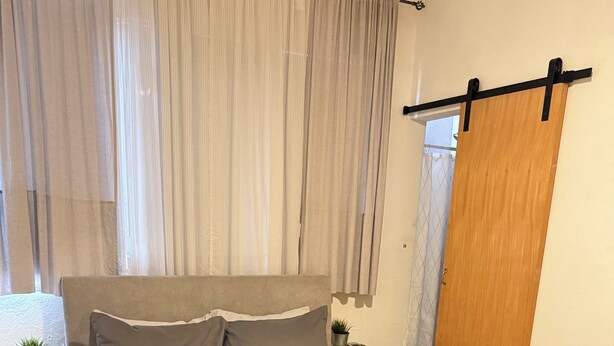 A neatly made bed with a grey duvet, a small bedside table with a plant, and a wooden door with a black handle.