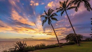 A sunset view with palm trees and a body of water. - Surf Cove - Ocean - Jeep  (Kihei)