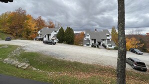 A residential area with multiple two-story houses, a gravel driveway, and a parking area with several cars.