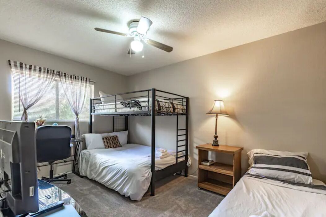 9 bedrooms, desk, blackout drapes, iron/ironing board