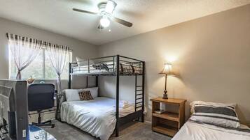 9 bedrooms, desk, blackout drapes, iron/ironing board