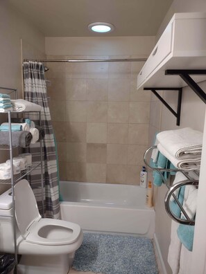 Combined shower/bathtub, hair dryer, towels, soap