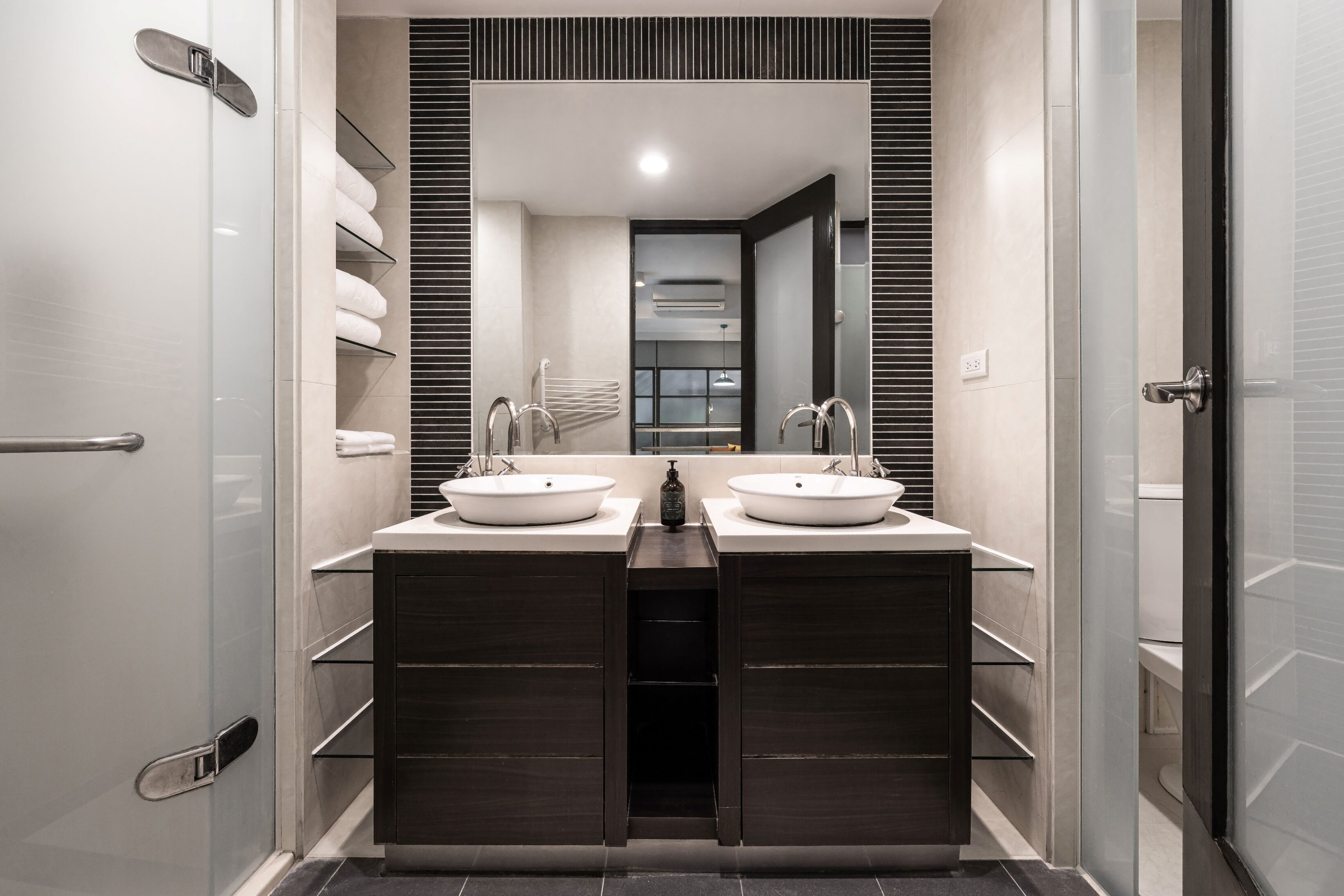 shower, rainfall showerhead, hair dryer, slippers