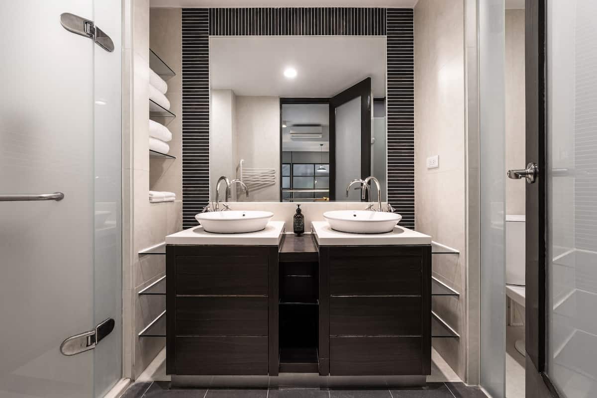 shower, rainfall showerhead, hair dryer, slippers