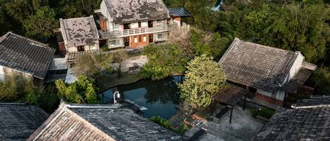 A traditional building with a tiled roof, surrounded by lush greenery and a small pond.