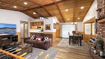 Smart TV, fireplace, video games, DVD player