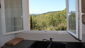 A kitchen with a window view of a forested area. - House / Villa - St genest de beauzon (Saint Genest de Beauzon)