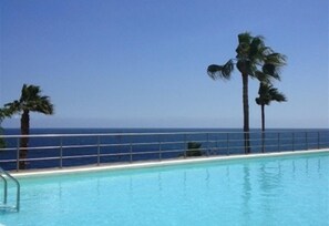 A swimming pool with a view of the ocean and palm trees.