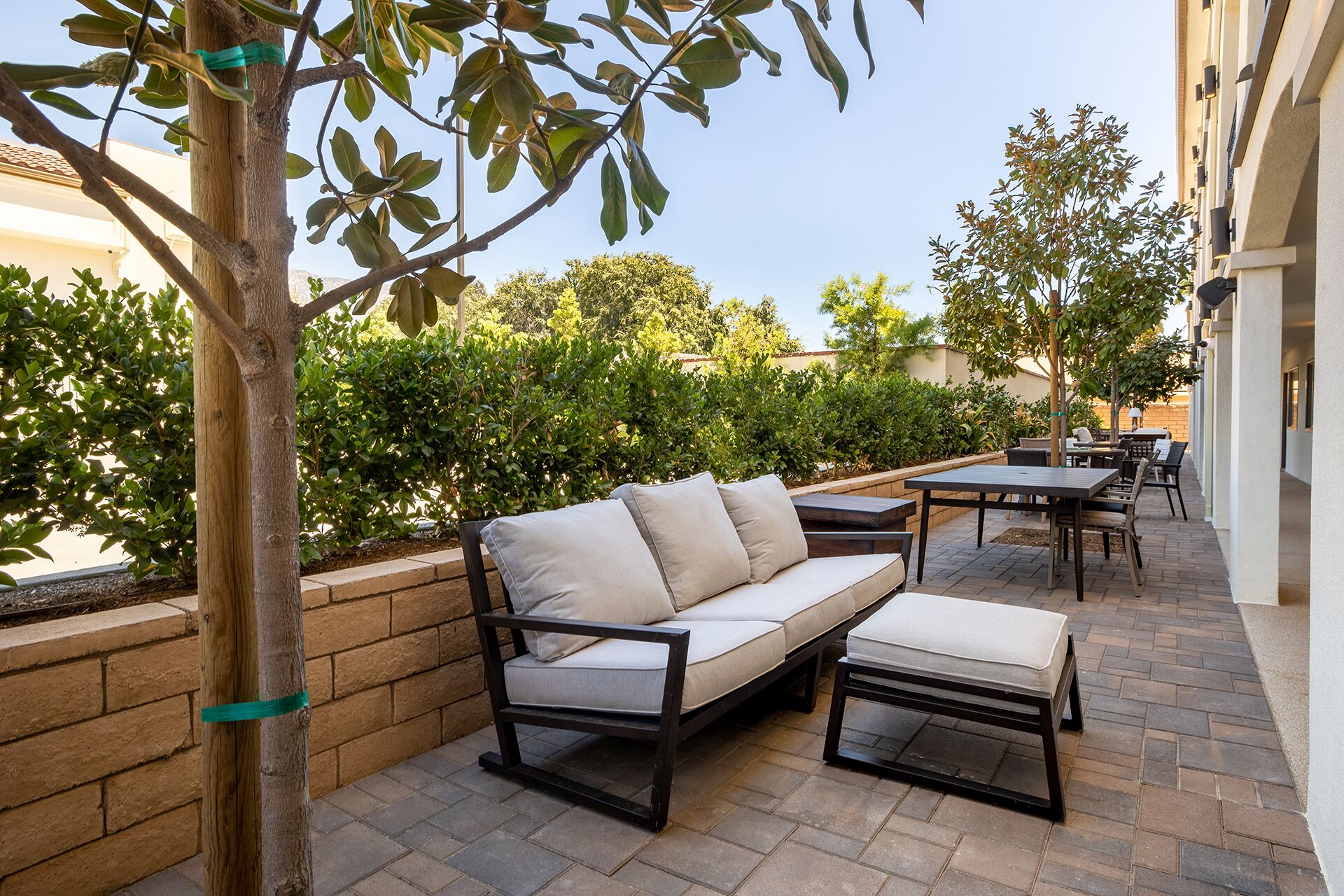 An outdoor patio with a sofa, tables, and chairs, surrounded by greenery and a brick wall.