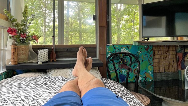 A room with a bed, a TV, a window with a view of trees, and a decorative plant. - About Time ~~ About You  (Asheville)