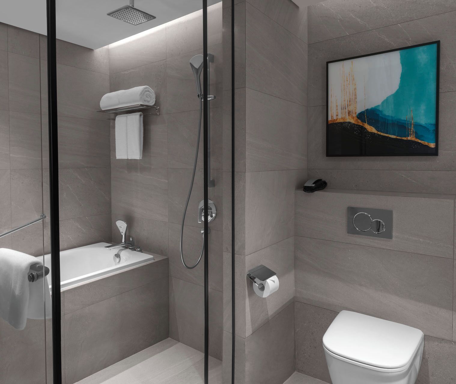 A modern bathroom with a glass-enclosed shower, a white bathtub, and a toilet.
