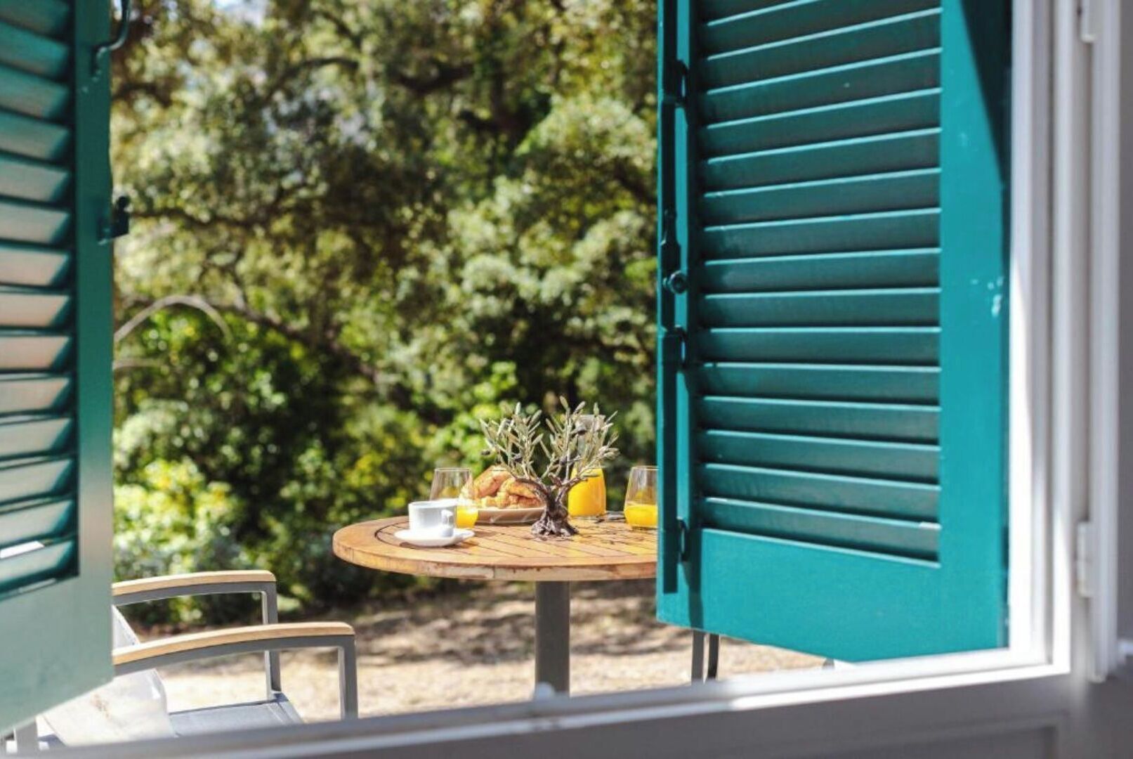 A table with breakfast items and a glass of orange juice, set against a backdrop of trees.