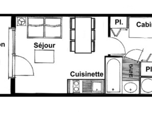 A hotel room layout with a bed, ensuite bathroom, kitchenette, and a living area.