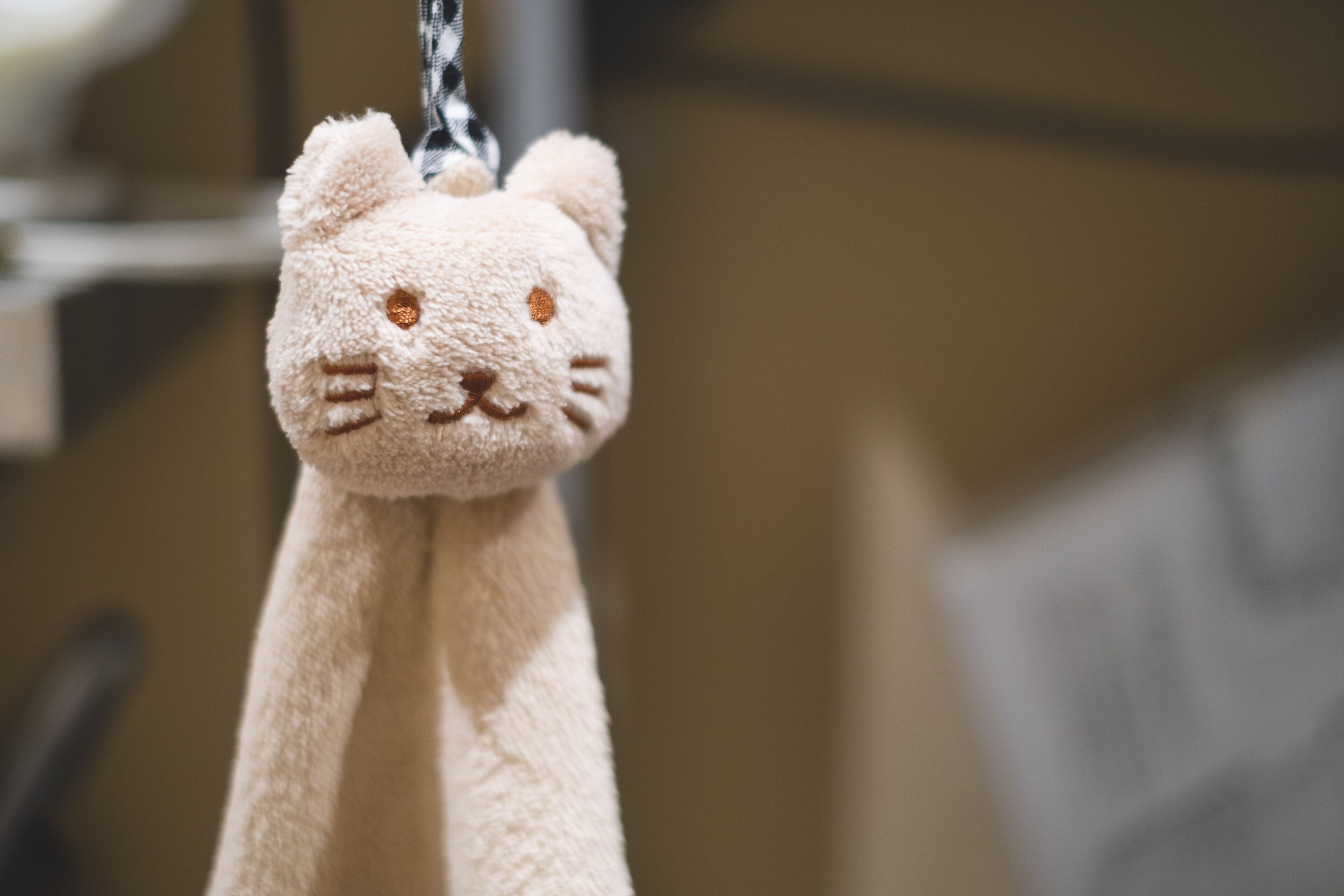 Un peluche colgando de una cadena.