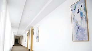 Un pasillo con paredes blancas y alfombra color beige, con obras de arte enmarcadas y una puerta al final.