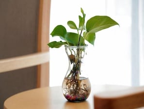 Un florero de vidrio transparente con una planta sobre una mesa redonda de madera.
