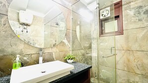 Une salle de bain avec un mur en marbre, un lavabo blanc, une douche en verre et une petite plante en pot.