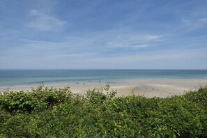Une plage avec un ciel dégagé et une mer calme.
