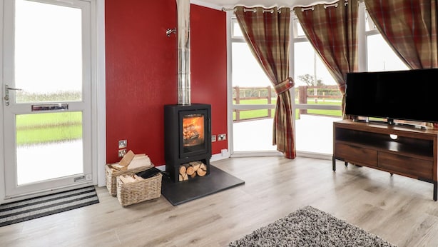 A room with a wood-burning stove, a television, and a view of a green landscape through large windows. - Sycamore Lodge (Helston)