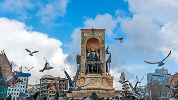 Un monument historique, avec une statue centrale, entouré de pigeons, se dressant sur un fond de bâtiments et d’un ciel dégagé.