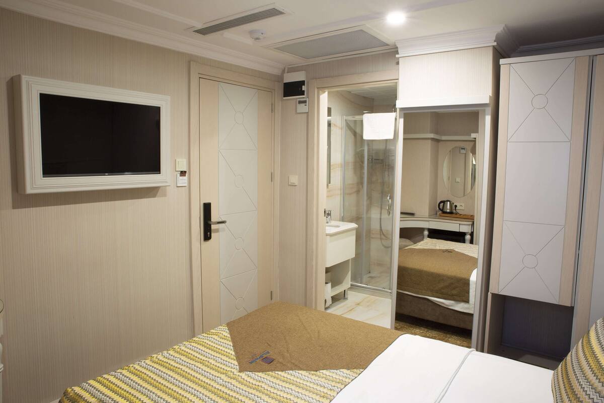A hotel room with a bed, a television, a bathroom with a shower, and a wardrobe.