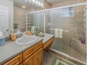 Shower, hair dryer, heated floors