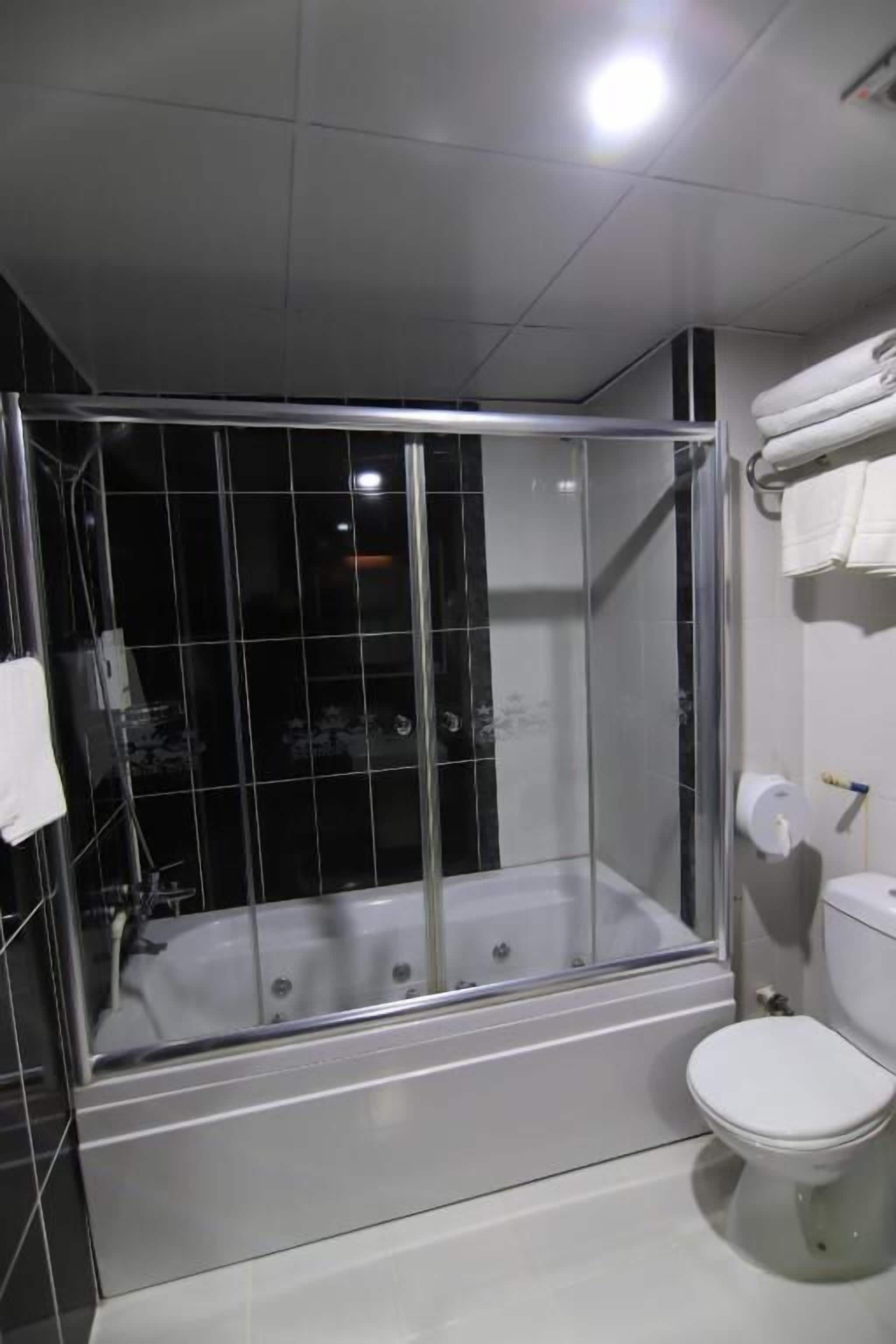 business double room | bathroom | shower, hair dryer, slippers, towels