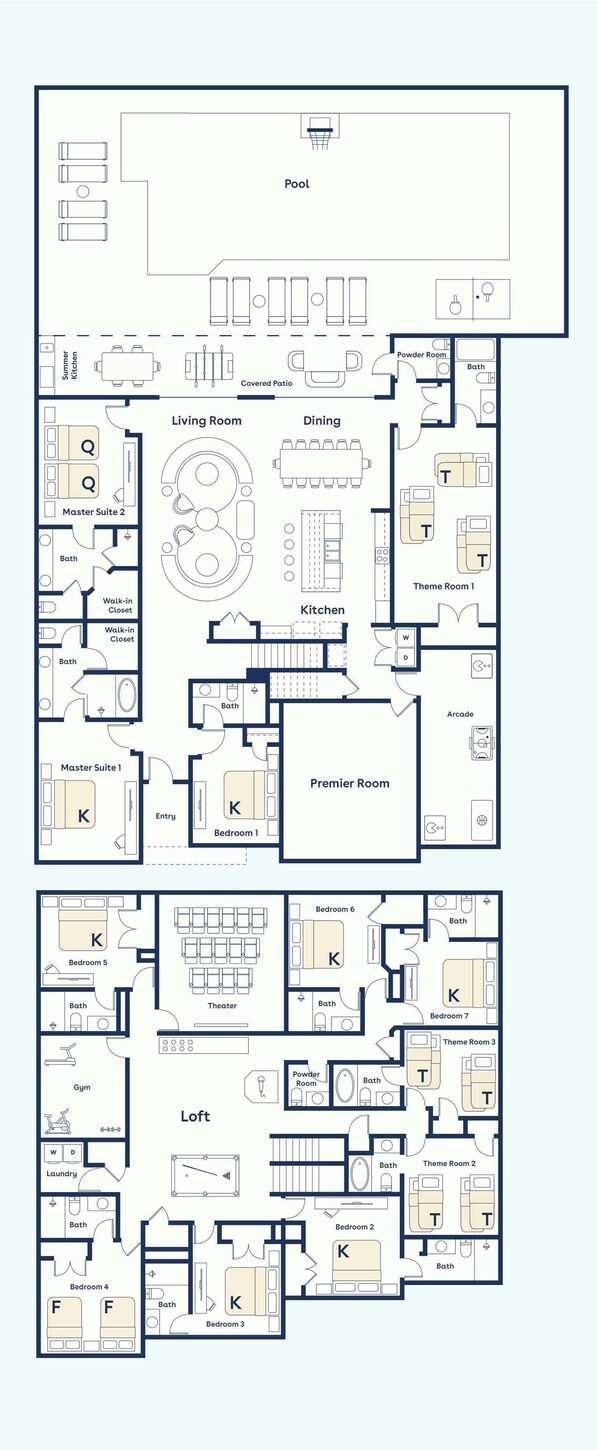 A hotel floor plan with a pool, dining area, covered patio, and multiple themed rooms.
