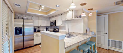 Fridge, microwave, coffee/tea maker, toaster