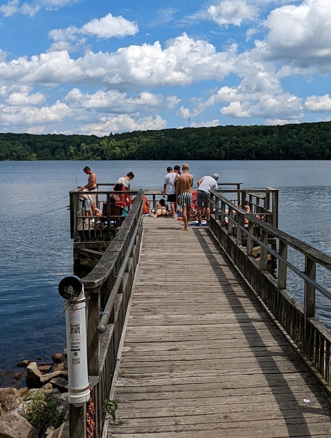 A wooden pier extending into a lake with people on it.
