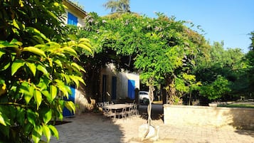 Un patio con una mesa y sillas de piedra, rodeado de vegetación exuberante y un edificio con contraventanas azules.