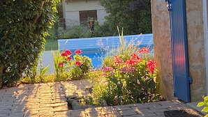 Een geplaveid tuinpad dat leidt naar een huis met een blauwe deur, omringd door bloeiende planten en een overdekt zwembad.