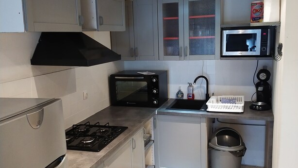 A compact kitchen with a gas stove, a microwave, a sink, and a trash bin. - House on the Loire (Gien)