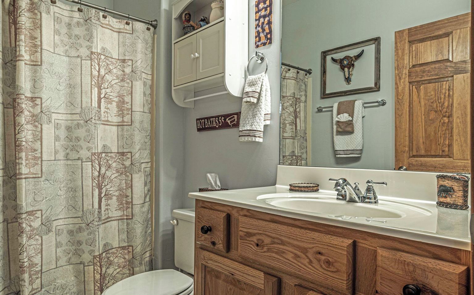 Une salle de bain avec un rideau de douche, des toilettes, un lavabo avec un miroir et un meuble en bois.