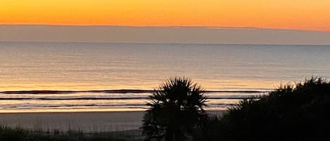 On the beach, sun loungers