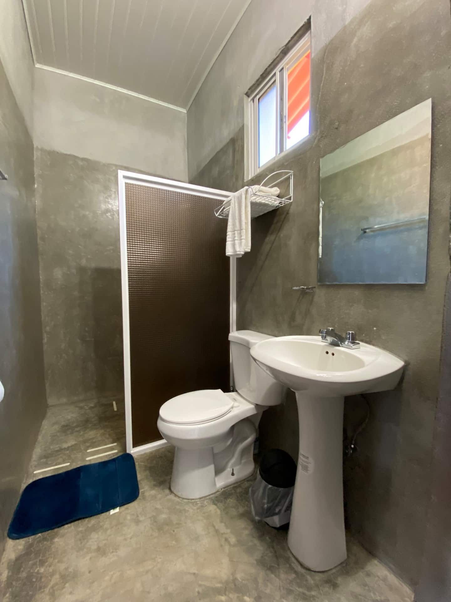 Un baño con ducha, inodoro, lavamanos y un perchero para toallas.