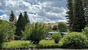 A riverside view with a house, trees, and a grassy area. - Toots and Elmer’s Beautiful home on the Wind River (dubois)