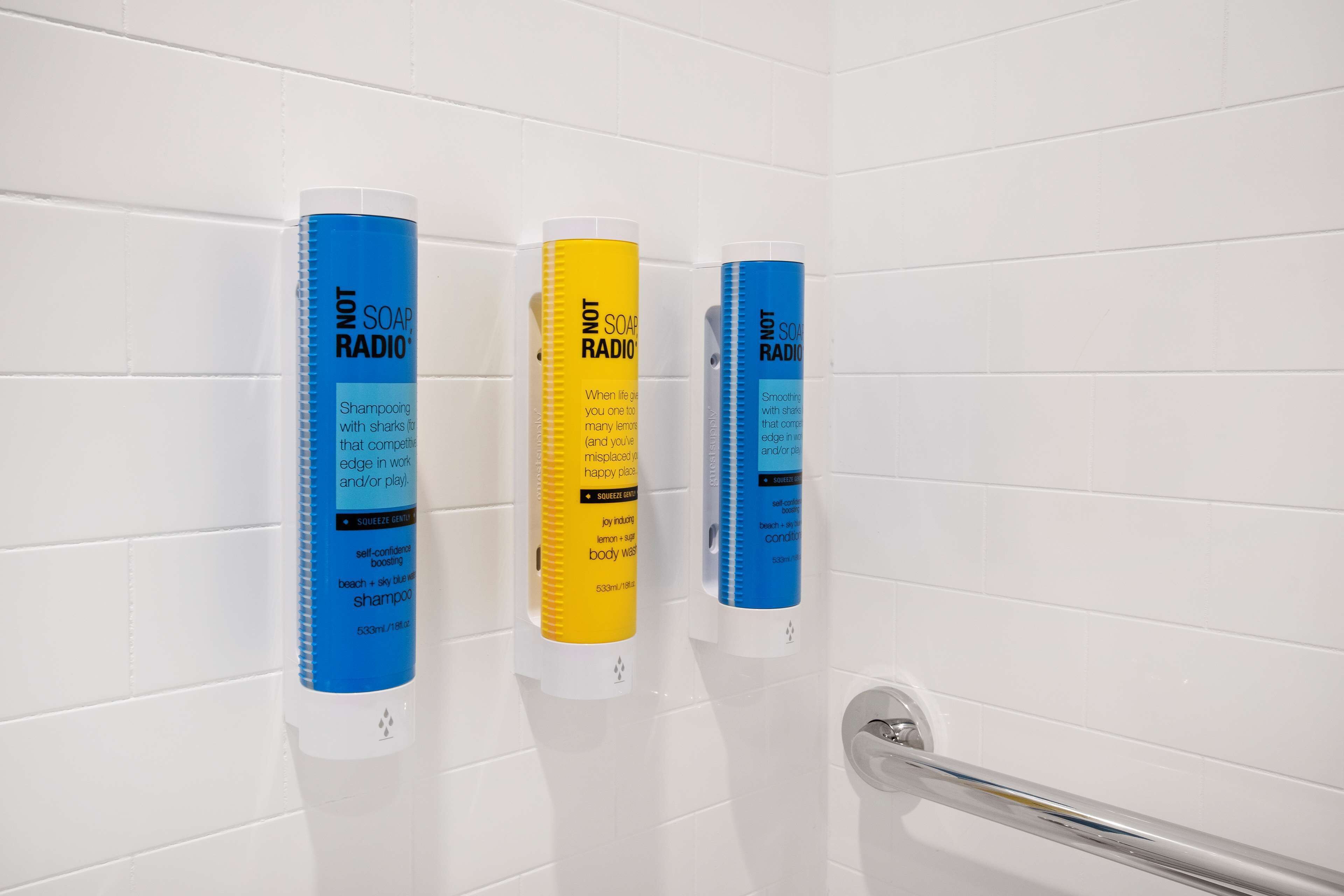 hair dryer, towels, soap, shampoo