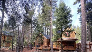 A cabin surrounded by tall pine trees, with a wooden deck and a fire pit in the foreground. - Classic Family Tahoe Cabin - West Shore Bliss! (Tahoma)