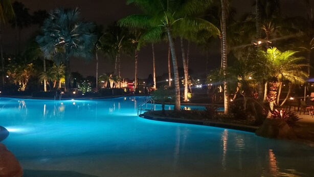 Una piscina iluminada de noche, con palmeras y superficie de agua cristalina.