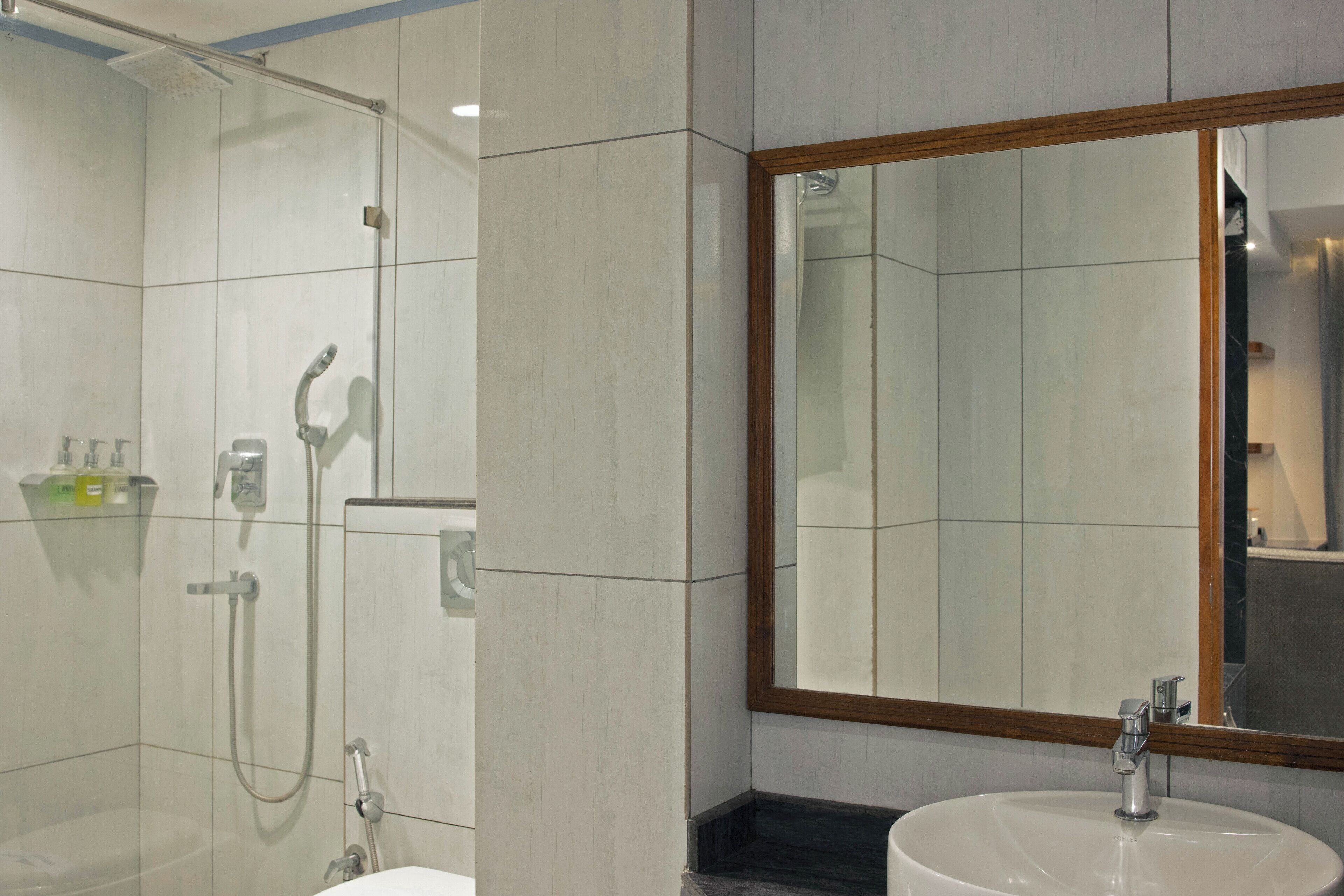 A modern bathroom with a glass-enclosed shower, a large mirror, and a white sink.