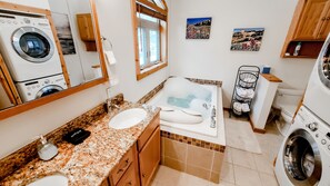 Combined shower/bathtub, hair dryer, towels, soap - Luxury Yellowstone Chalet - Mountain Views with Sauna! (Cooke City-Silver Gate)