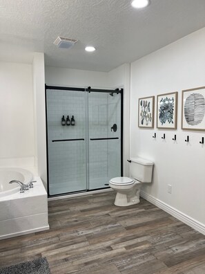 Combined shower/bathtub, jetted bath, soap, toilet paper