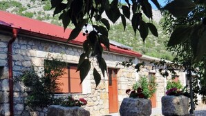 A stone building with a red roof, large windows, and potted plants. - Vacation home in traditional style in a very quiet location (Starigrad Paklenica)