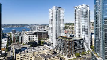A high-rise urban area with modern buildings, a clear view of the waterfront, and a mix of residential and commercial structures.